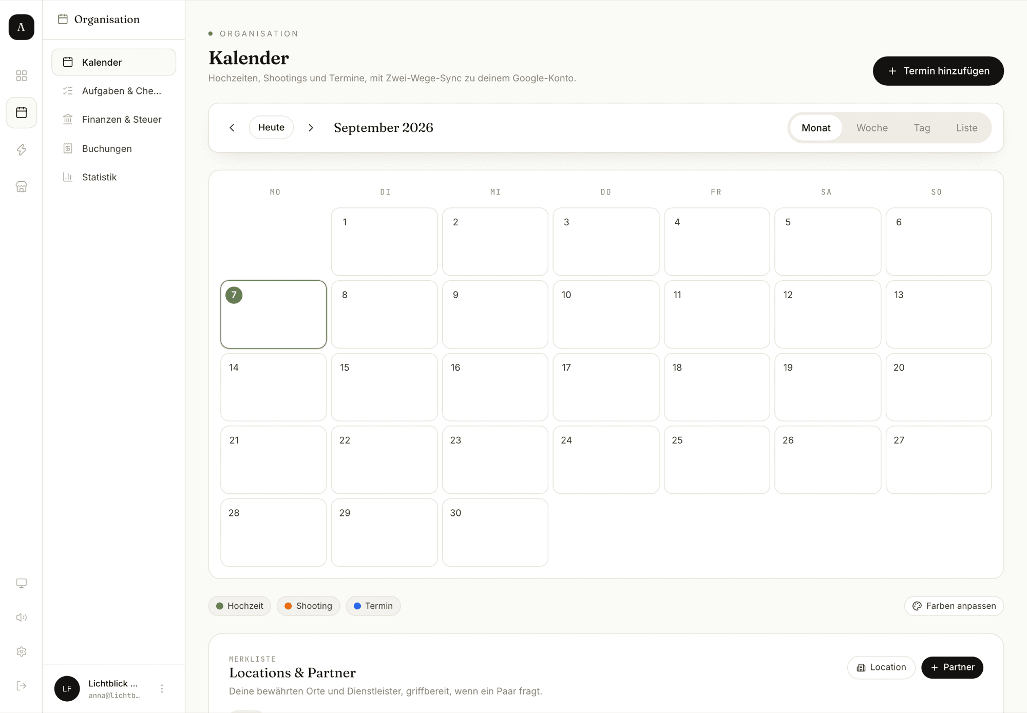 Amoriva Dashboard, Bereich Kalender